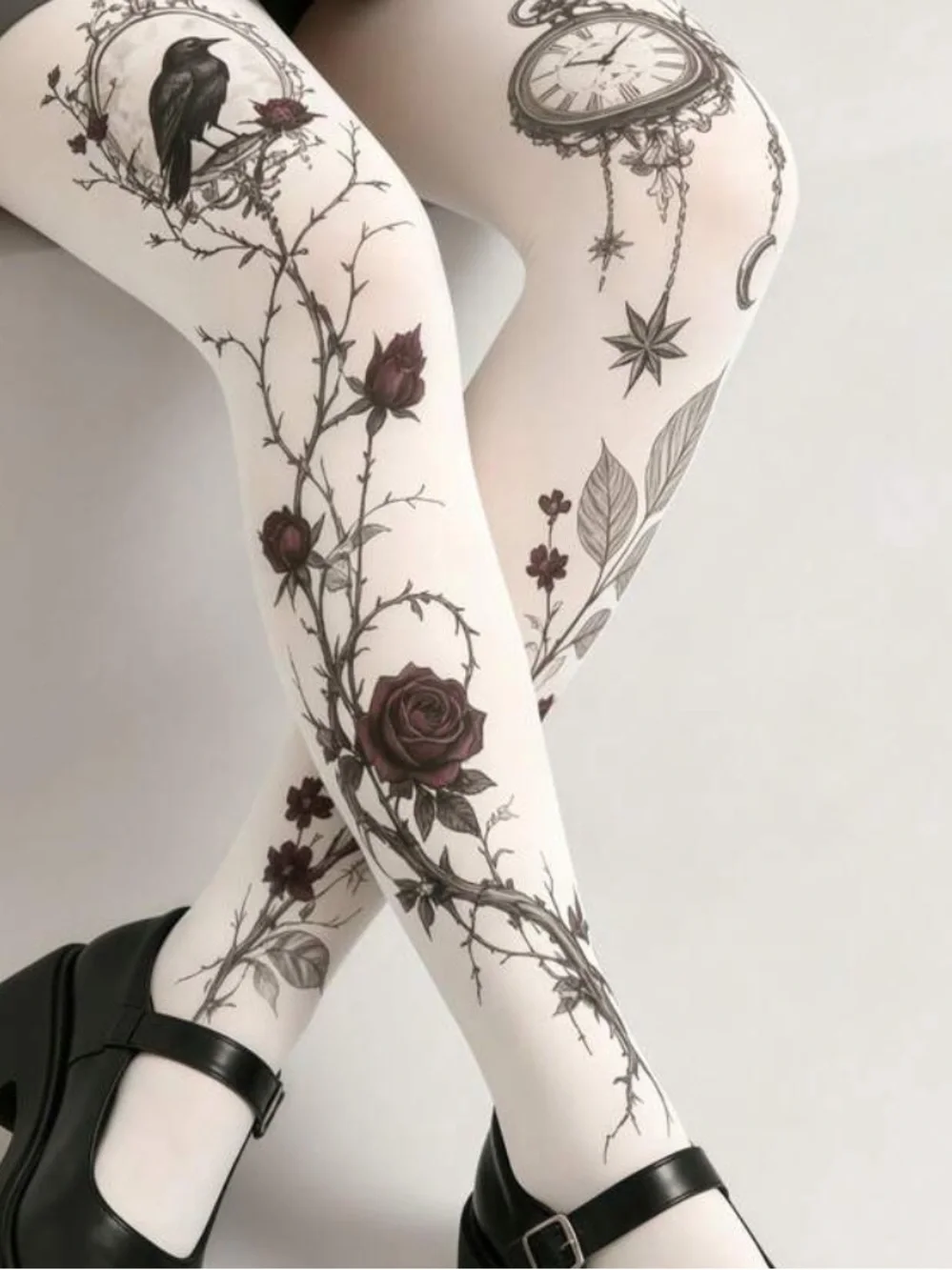Floral Raven & Pocket Watch Printed Tights in White